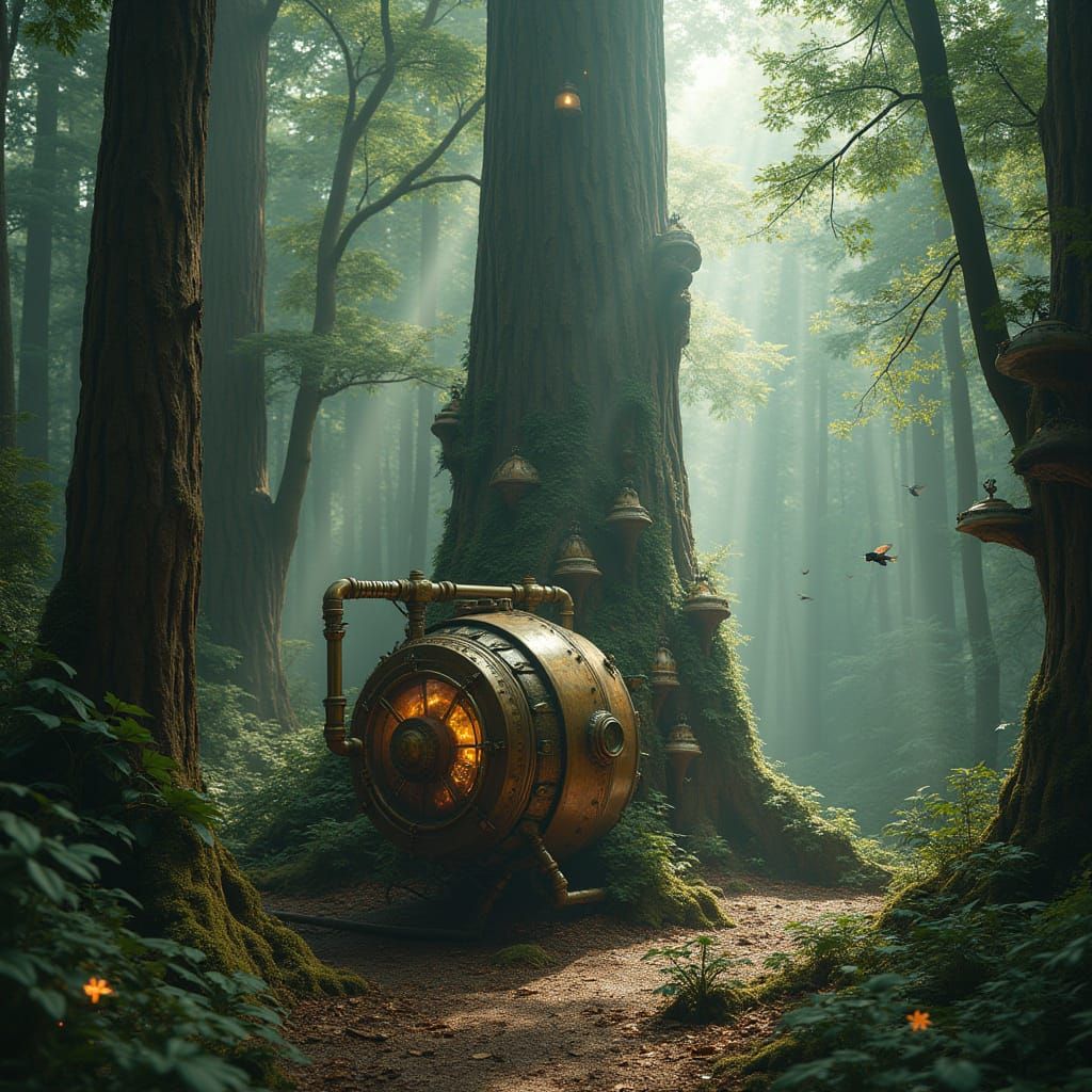 Steampunk Time Machine in Redwood Forest with Sentient Beetl...