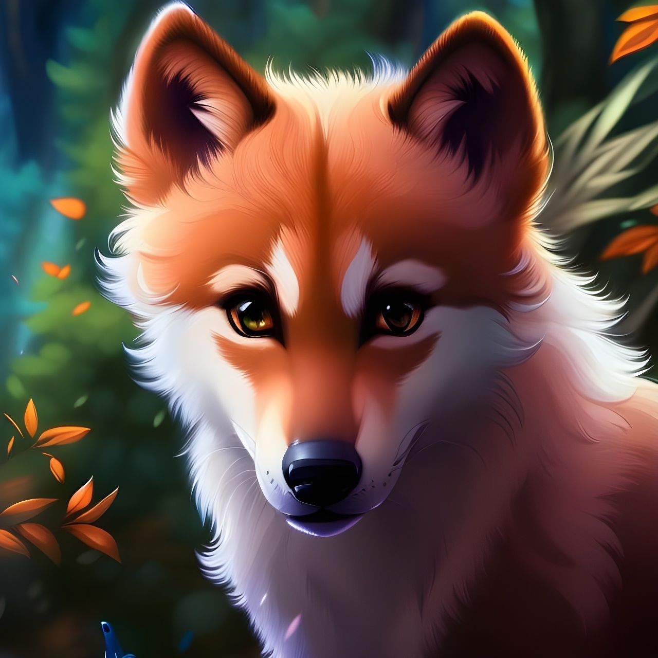 Cute Wolf Cub Portrait in Forest, Digital Painting
