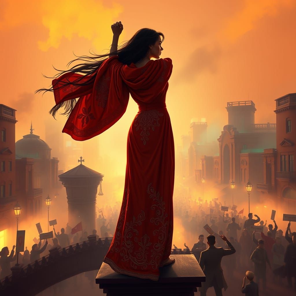 Defiant Leader in Vibrant Art Nouveau Cityscape