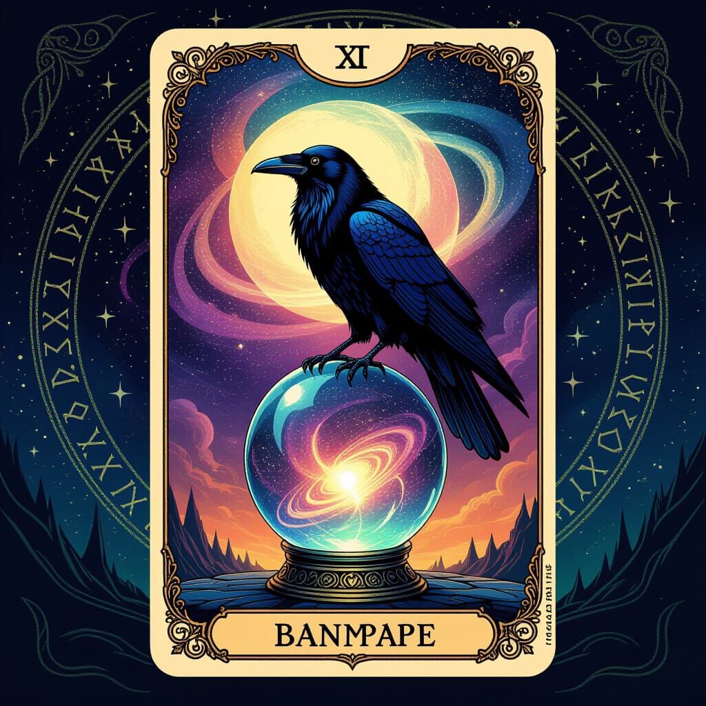 Mystical Raven Tarot Card with Cosmic Wisdom