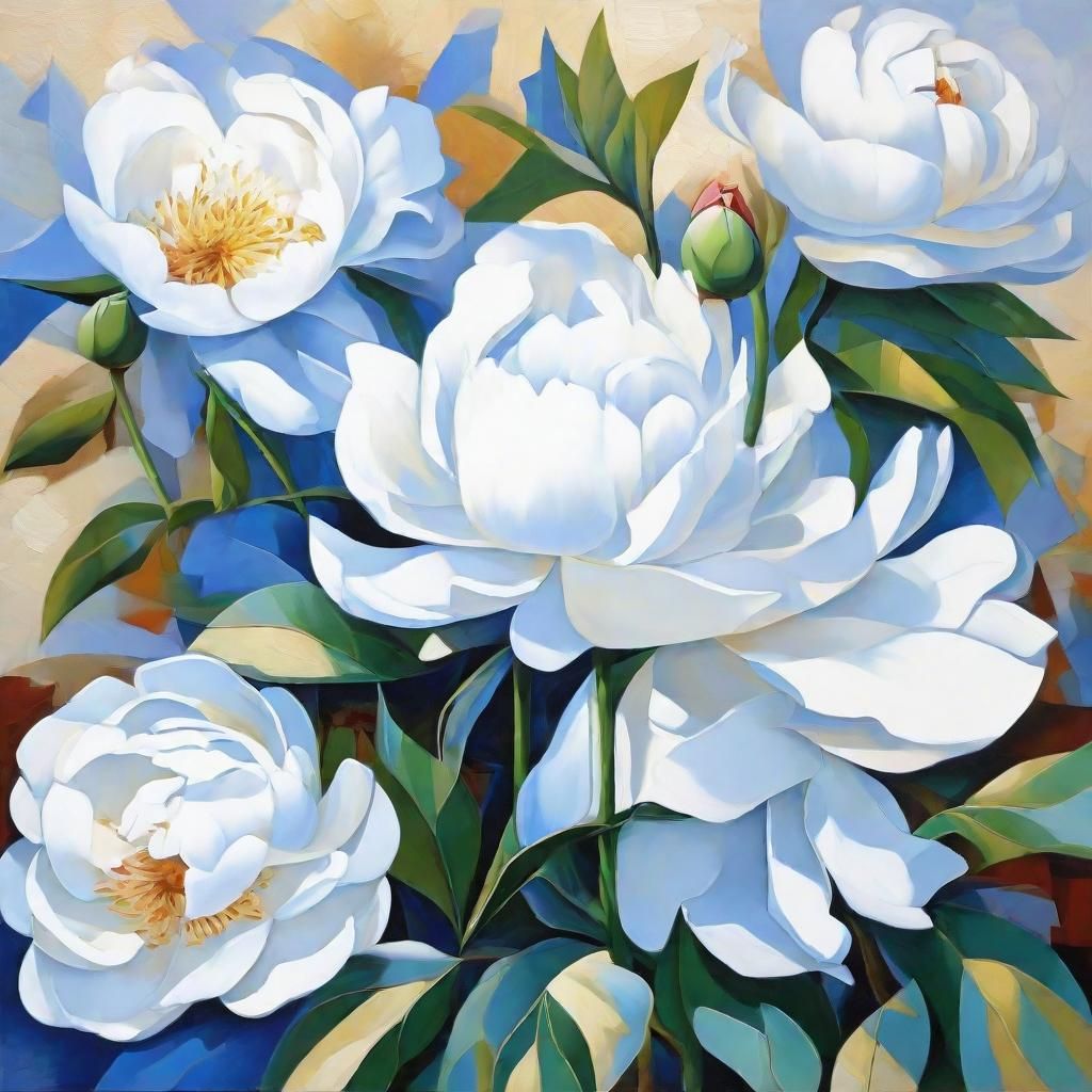Blue and White Peonies Garden in Surreal Style