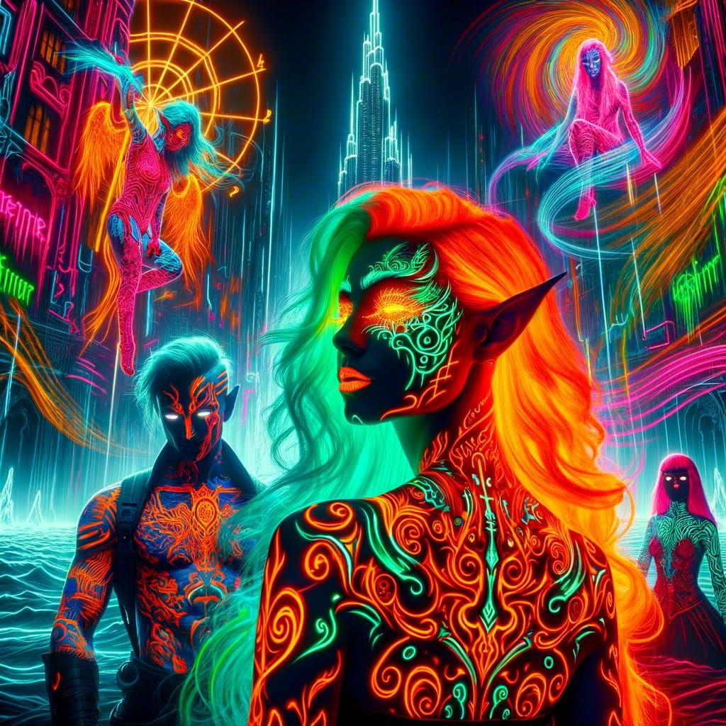 Dark Elf Witch with Neon Tattoos and Elven Graffiti