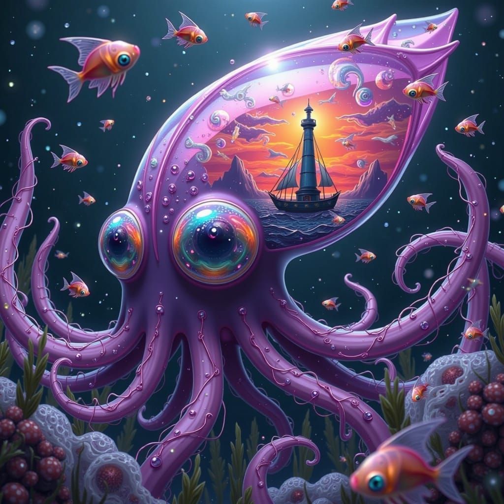 Iridescent Kraken Head with Ship Diorama