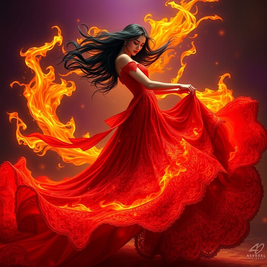 Flaming Flamingo Woman in Flowing Gown