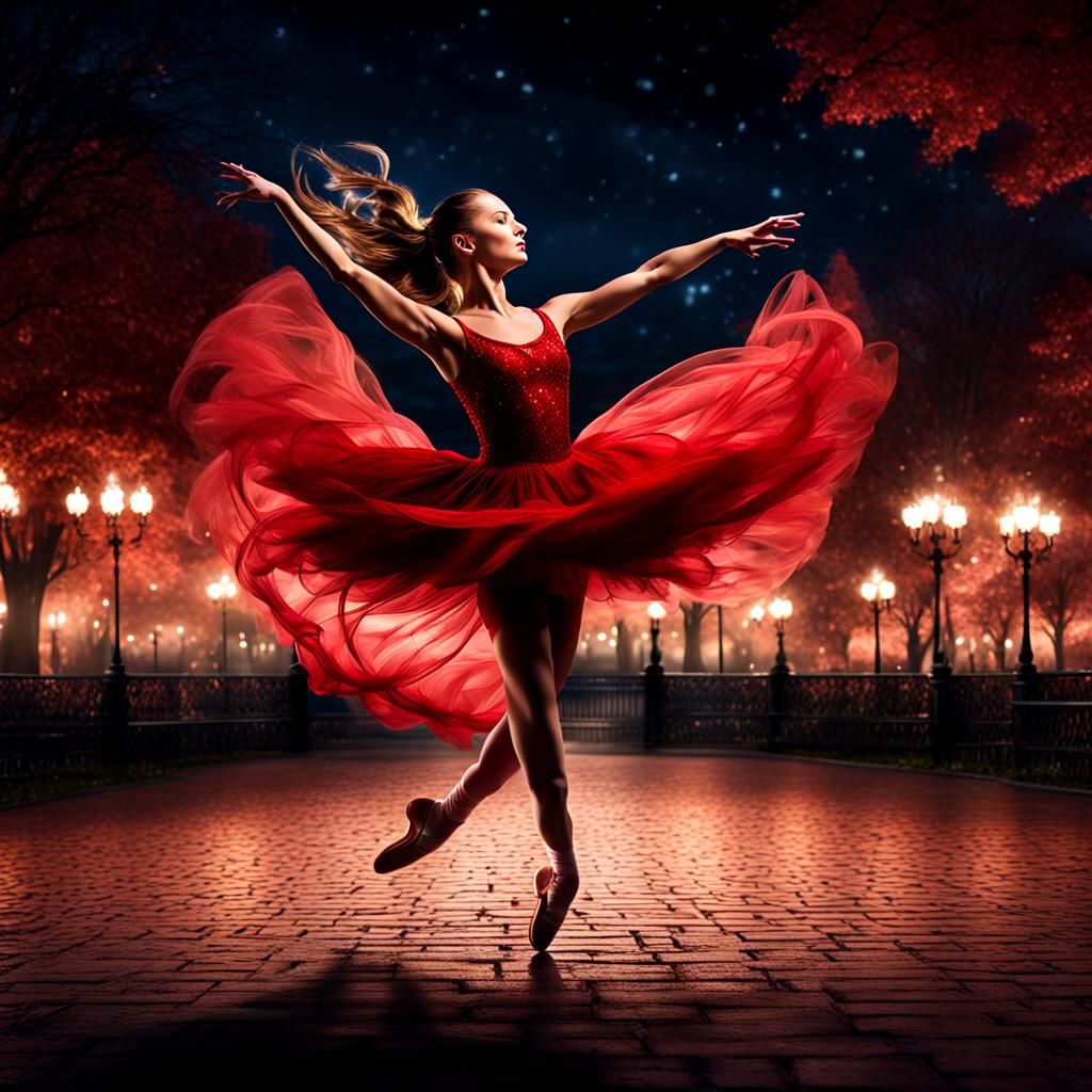 Ballerina Dances in Park at Night: Realistic Photo