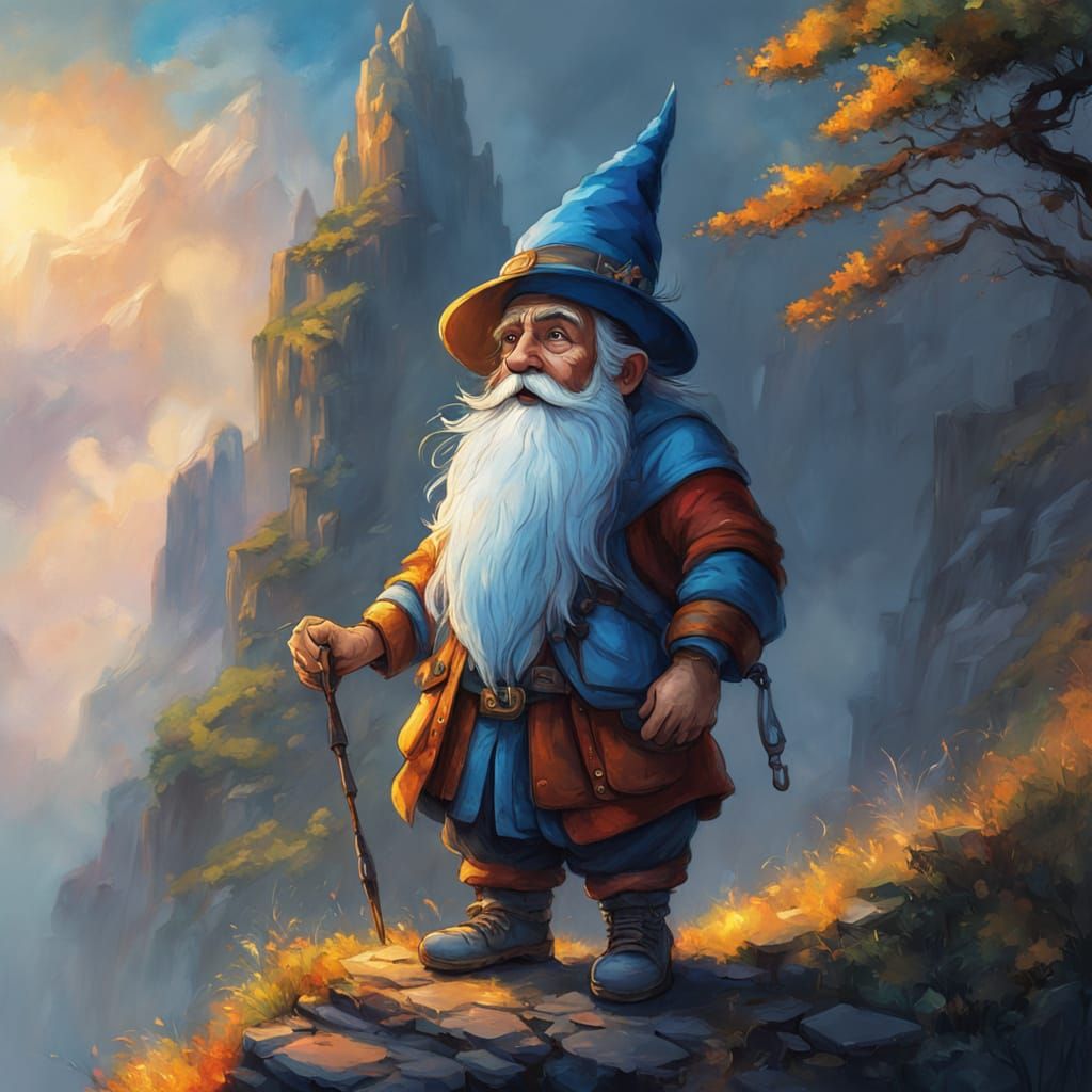 Fantasy Gnome at the Edge of the Sky in Vibrant Oil Painting