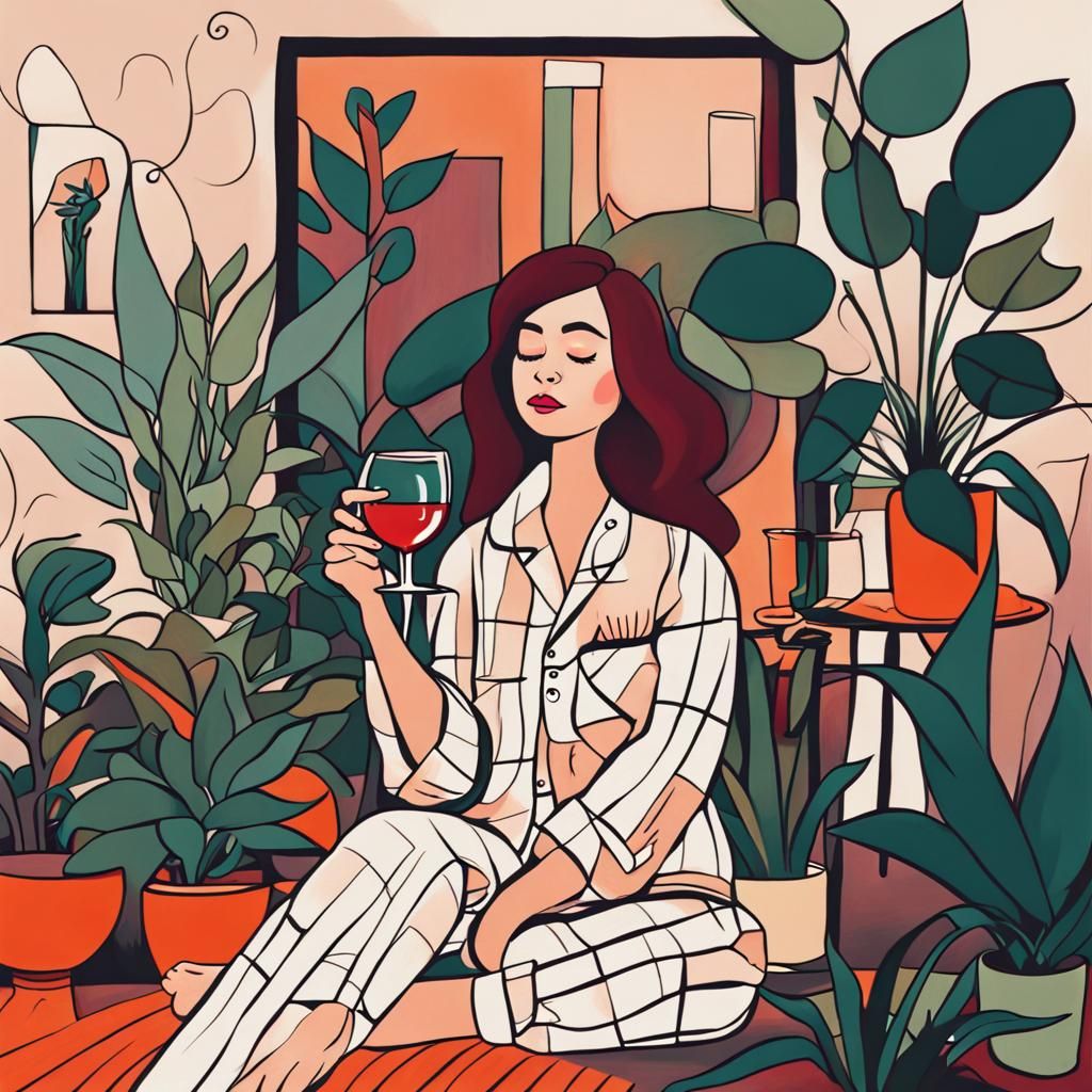 Cartoon Woman with Plants in Abstract Style