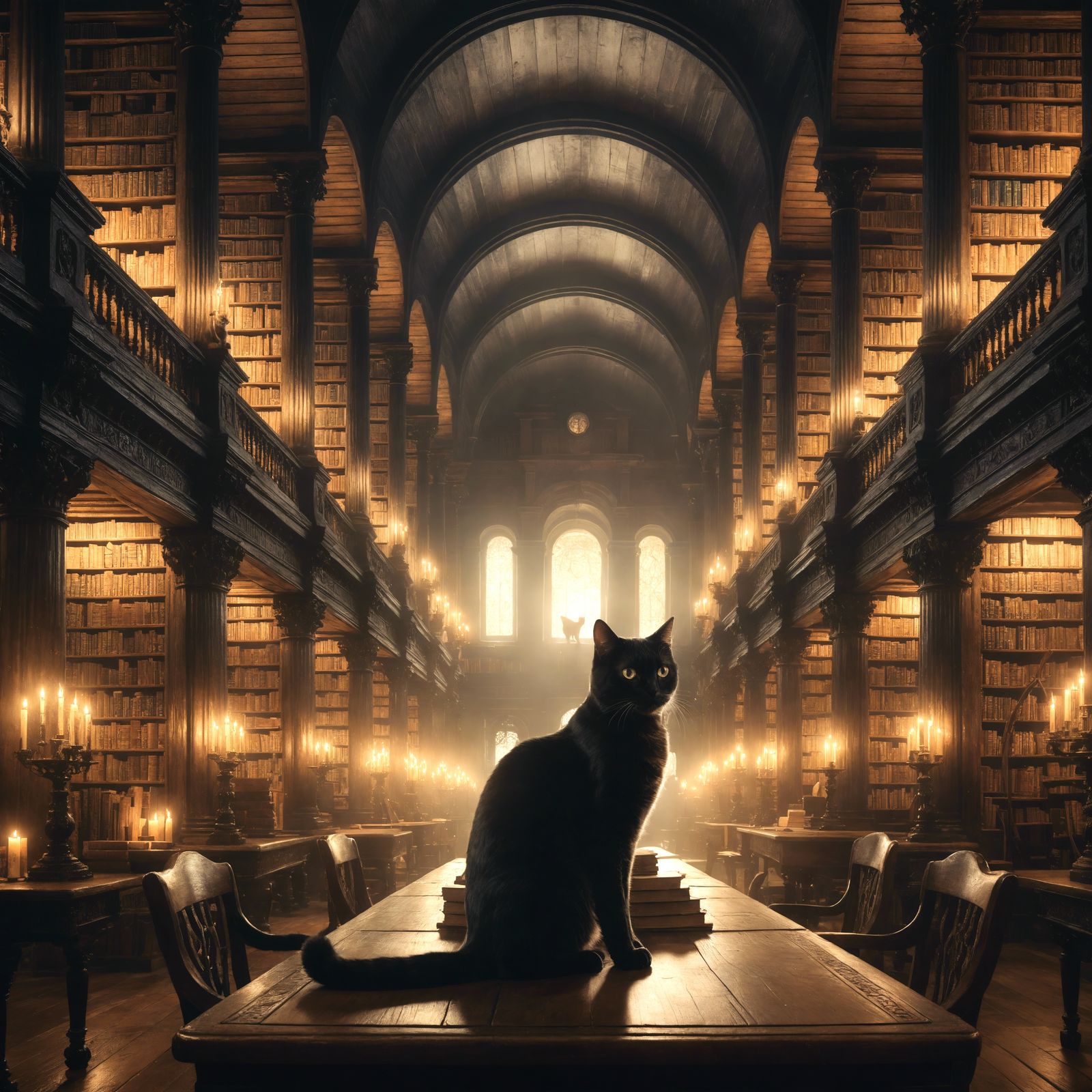 Elegant Black Cat in an Antique Library