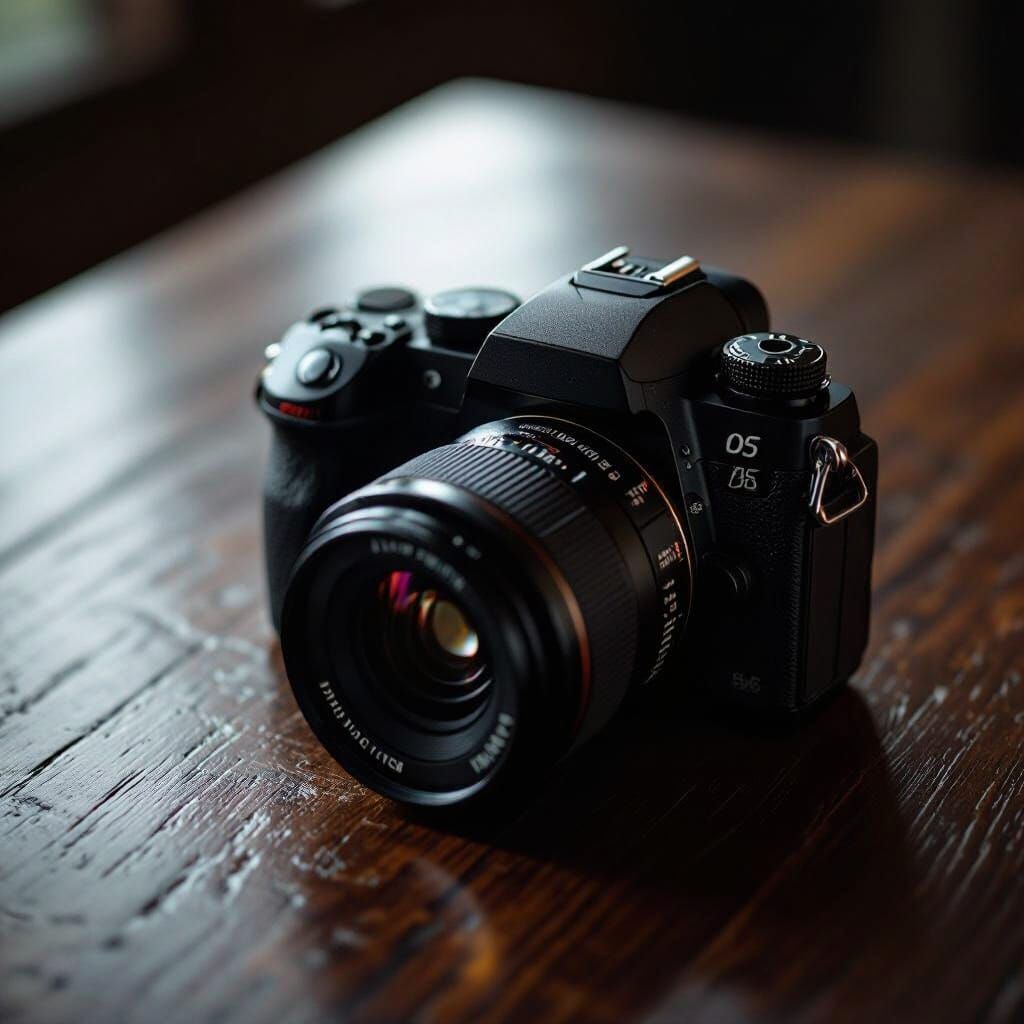 Digital Camera Under Oak Table with Cinematic Lighting