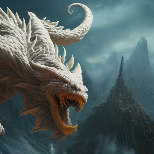 Albino Manticore in Detailed Matte Painting Style