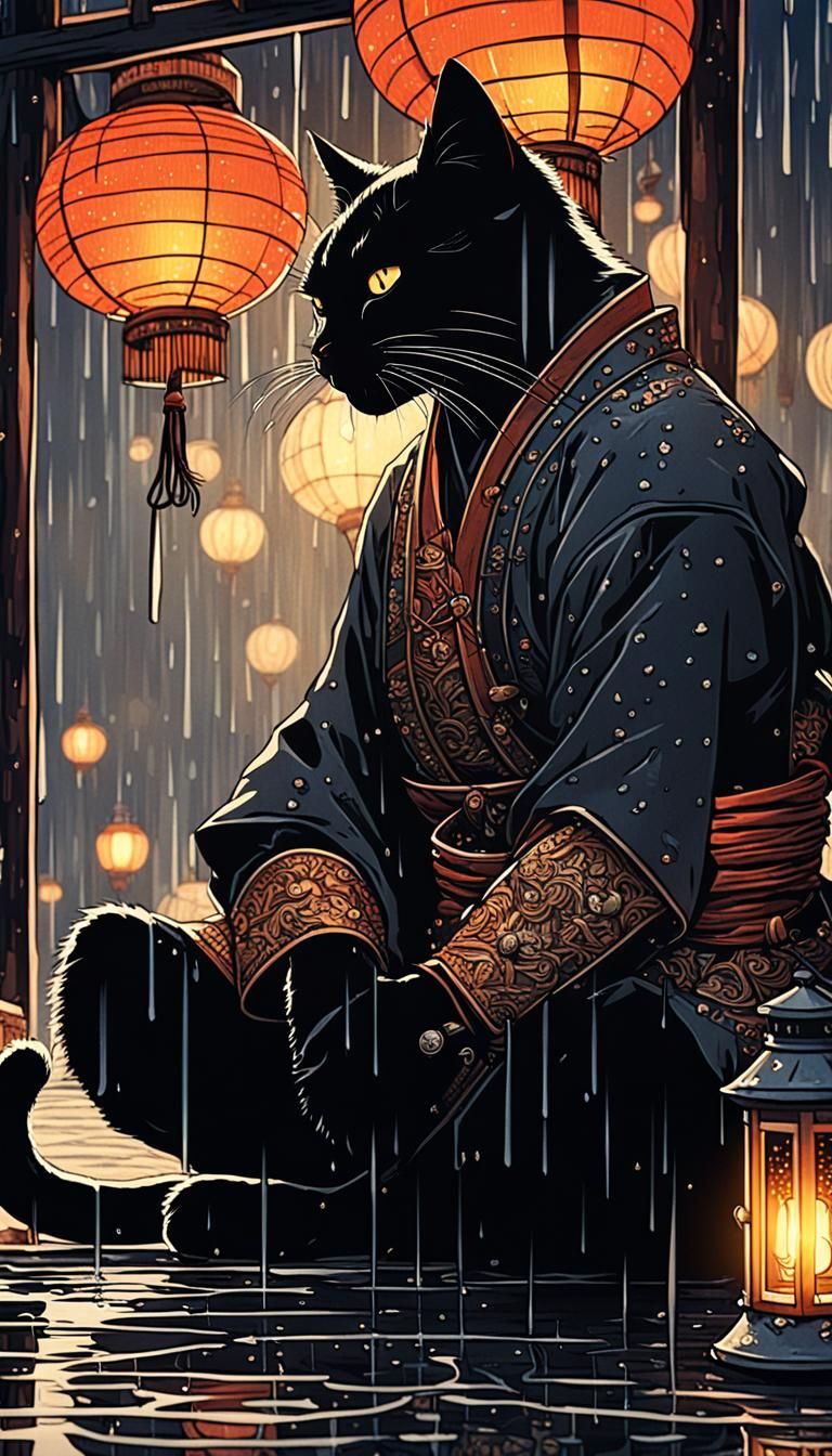 Samurai Black Cat in Rainy Scene