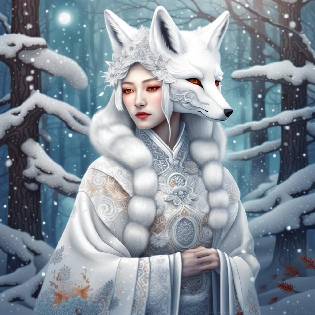 Fox-Woman Spirit Haunting Snowy Winter Forest