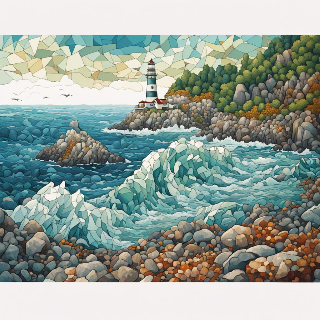 Sea Glass Mosaic of Boat in Stormy Seas Near Lighthouse