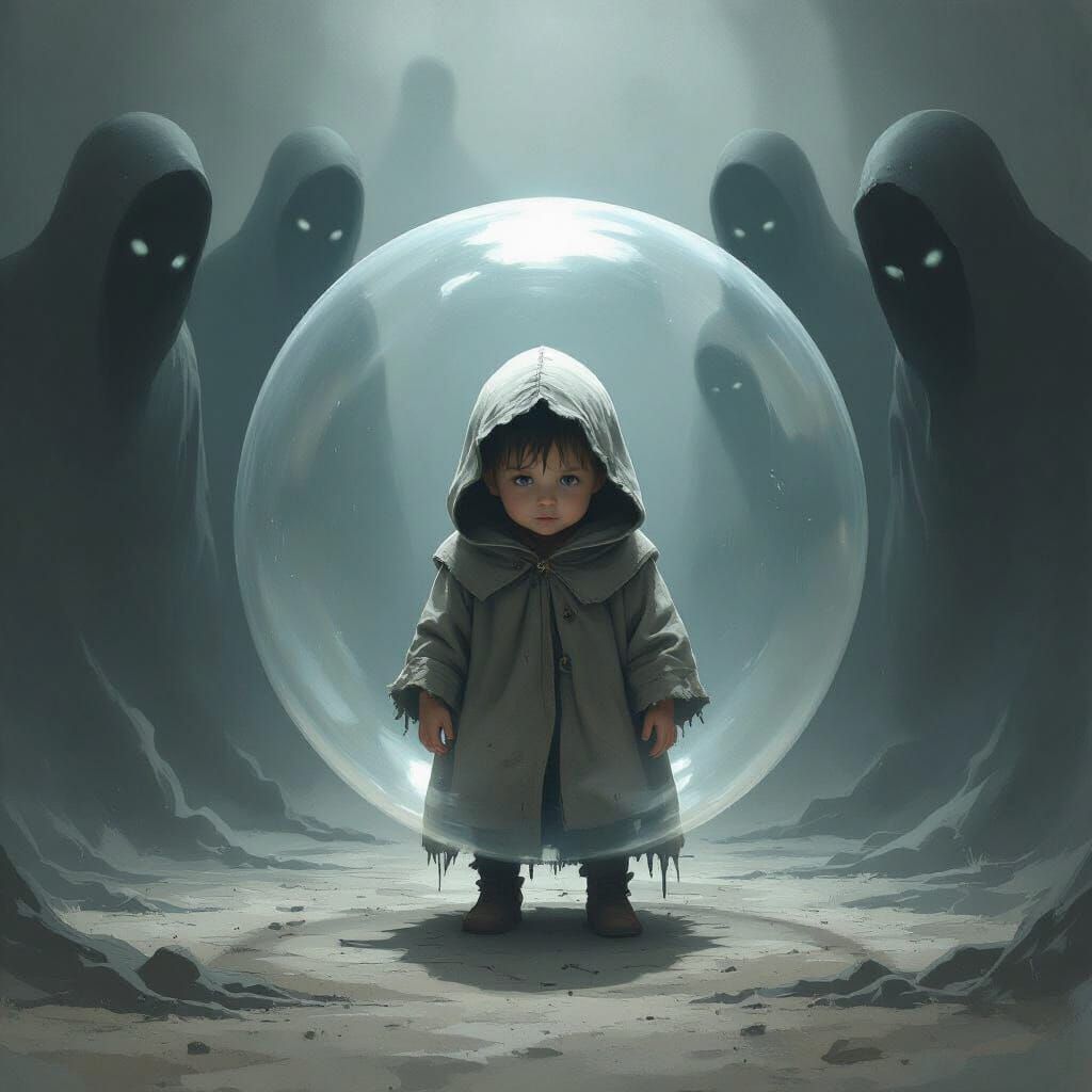 Child Trapped in Bubble Surrounded by Shadows
