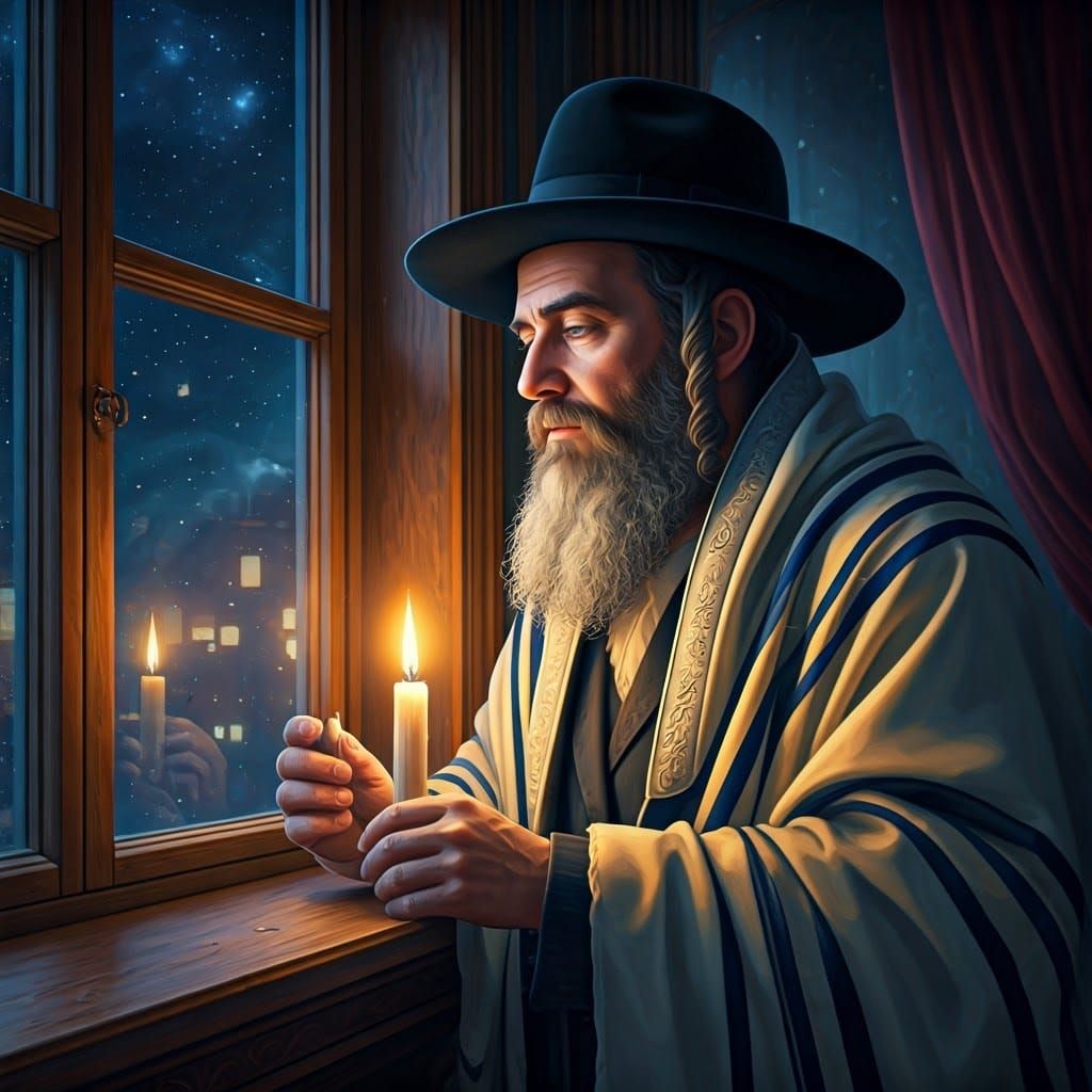Traditional Haredi Hasidic Man Lights Hanukkah Candle Under...