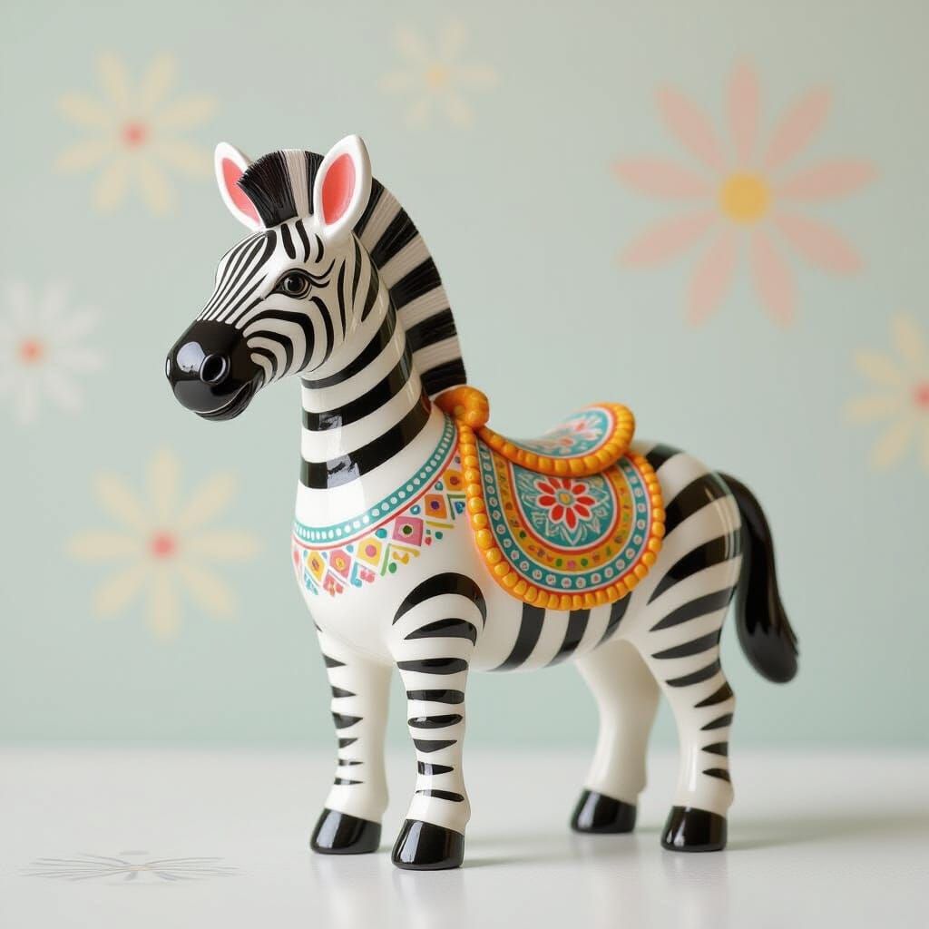 Whimsical Ceramic Zebra Figurine in Folk Art Style