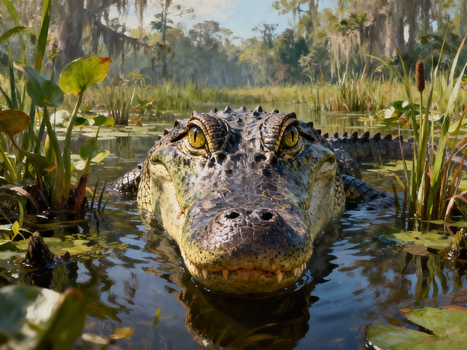 Crocodile Head Emerging From Swamp in Soft Oil Painting Styl...