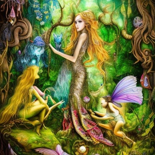Fae Creatures in Sunlit Forest Illustration