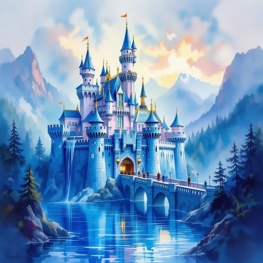 Liquid Water Castle in Watercolor Style