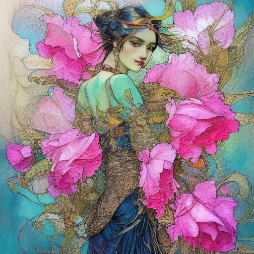Art Nouveau Woman Dancing in Pastel Universe