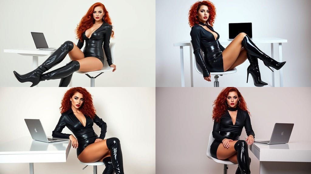 Confident Latex Fashion Model in Modern Setting