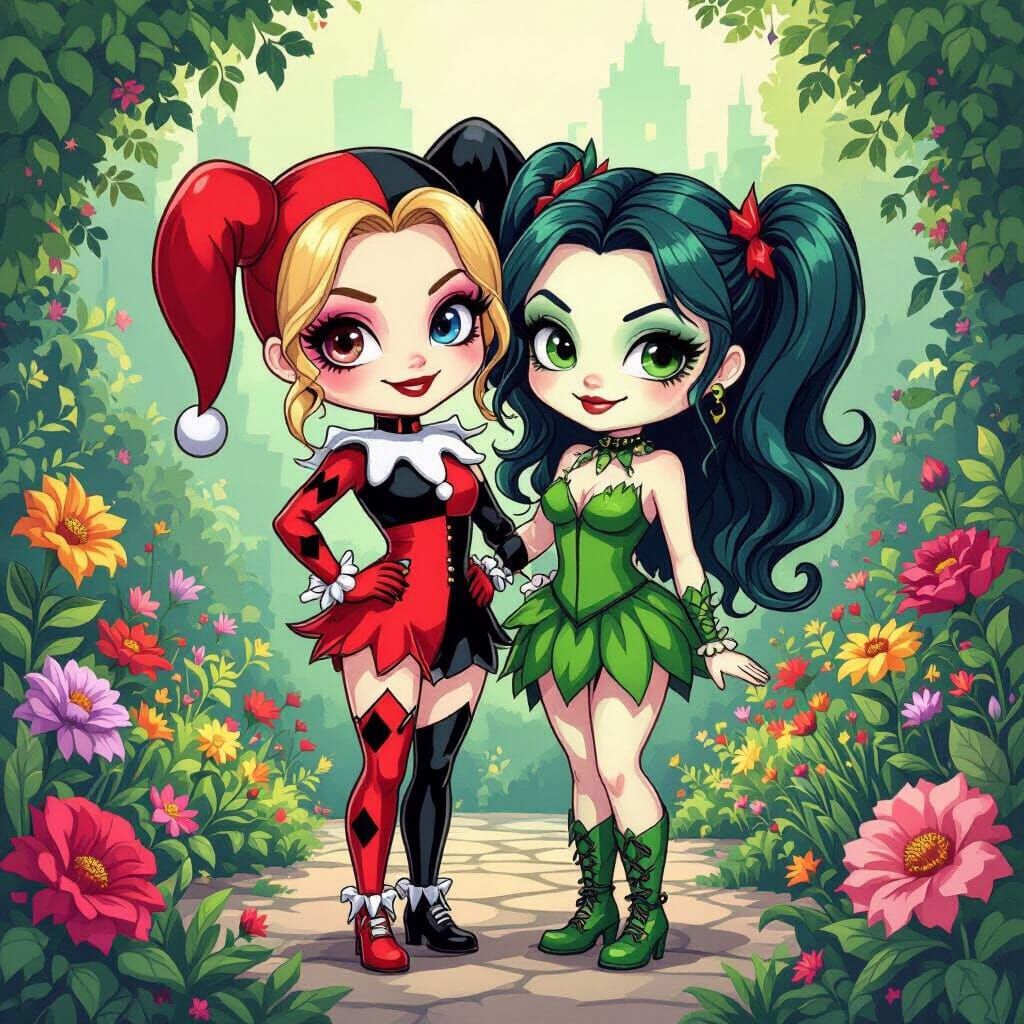 Chibi Harley Quinn and Poison Ivy in Gotham Gardens