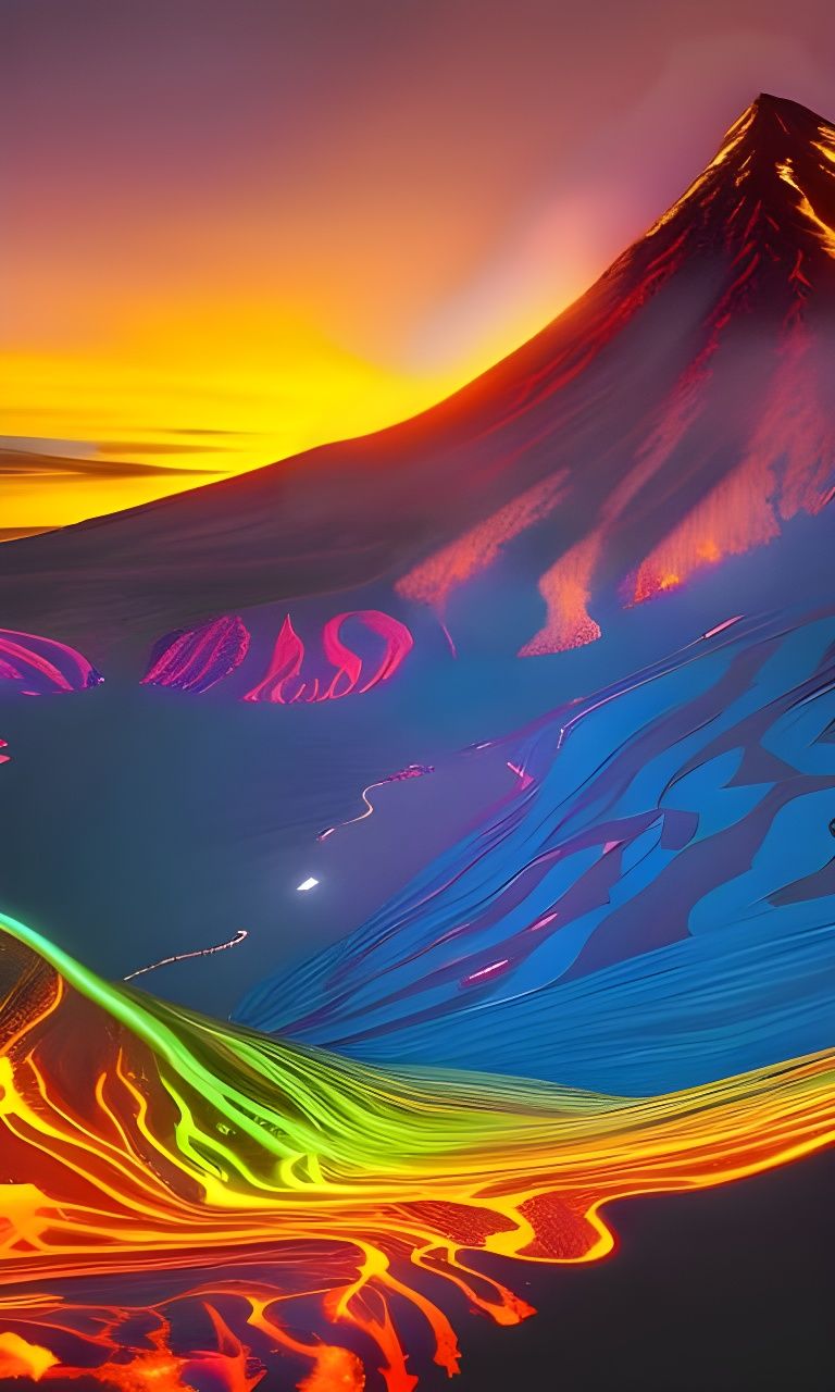 Cyberpunk Volcano Eruption with Orange Lava Flow