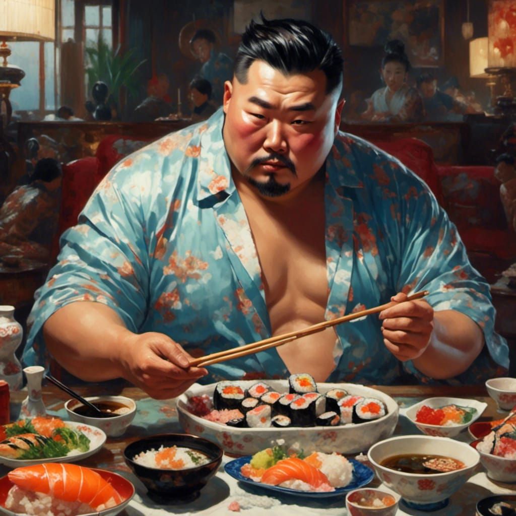 Hyperrealistic Chinese Businessman Eating Sushi in Underwear