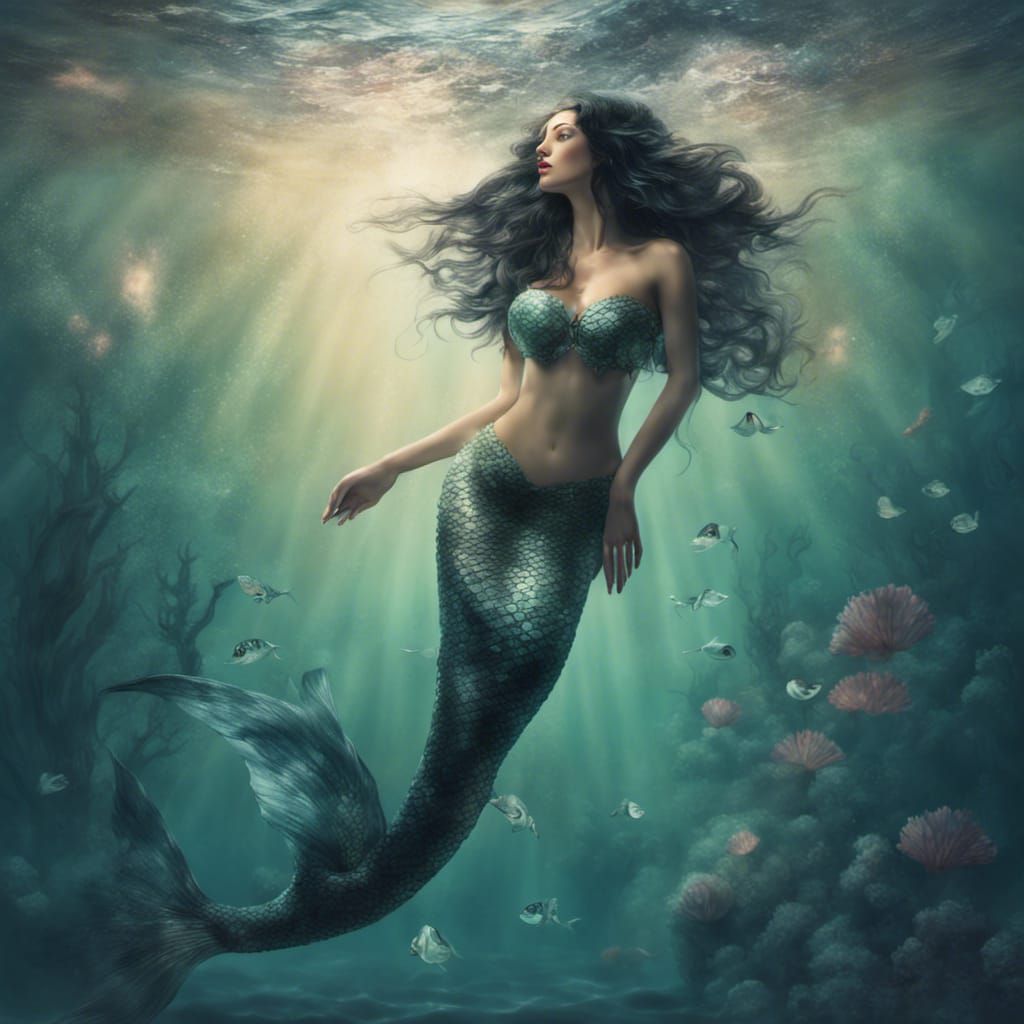 Beautiful Mermaid with Black Hair Underwater