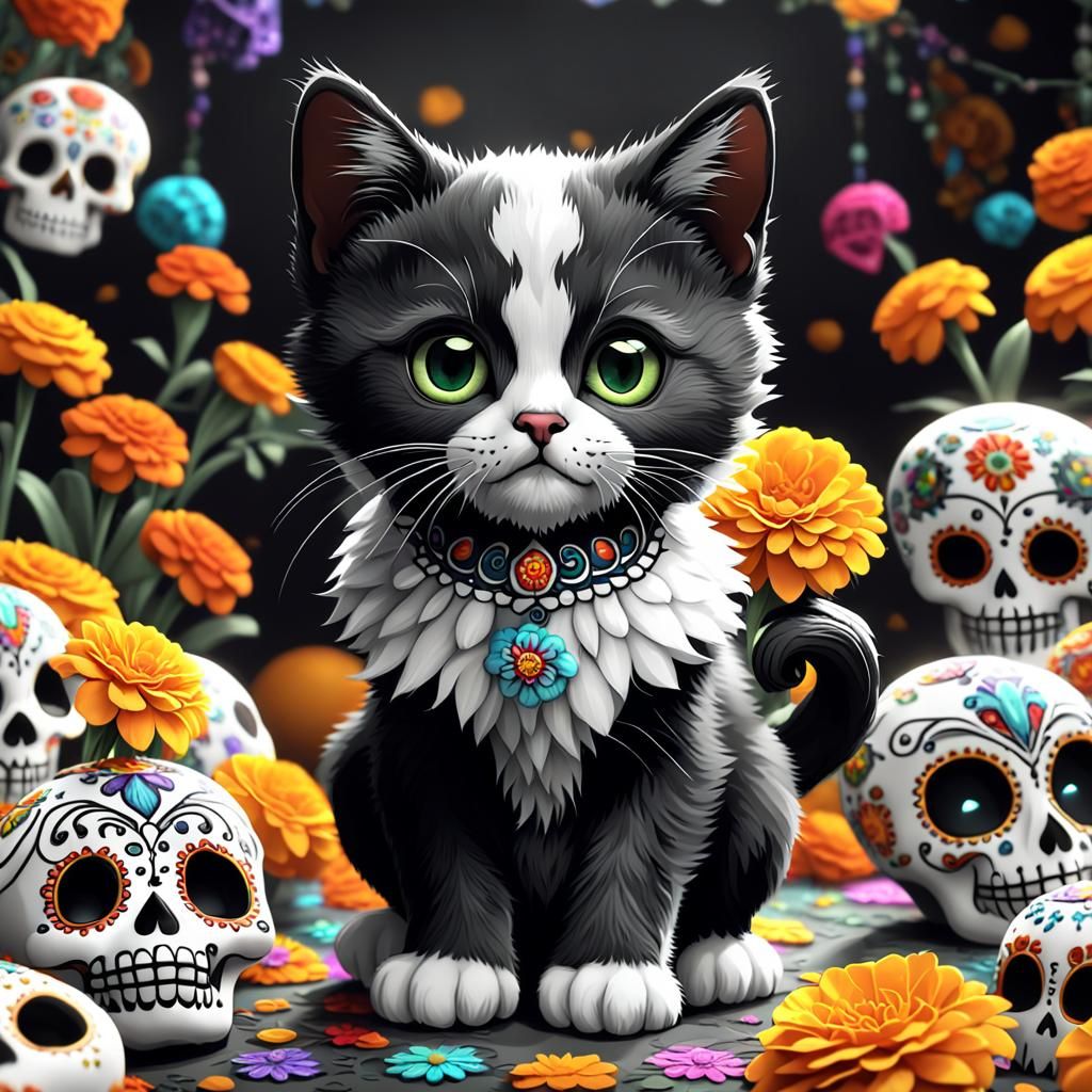 Cute Kitten Plays with Sugar Skulls, Hyperdetailed Art
