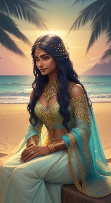 South Asian Woman Dreams by Bioluminescent Seaside
