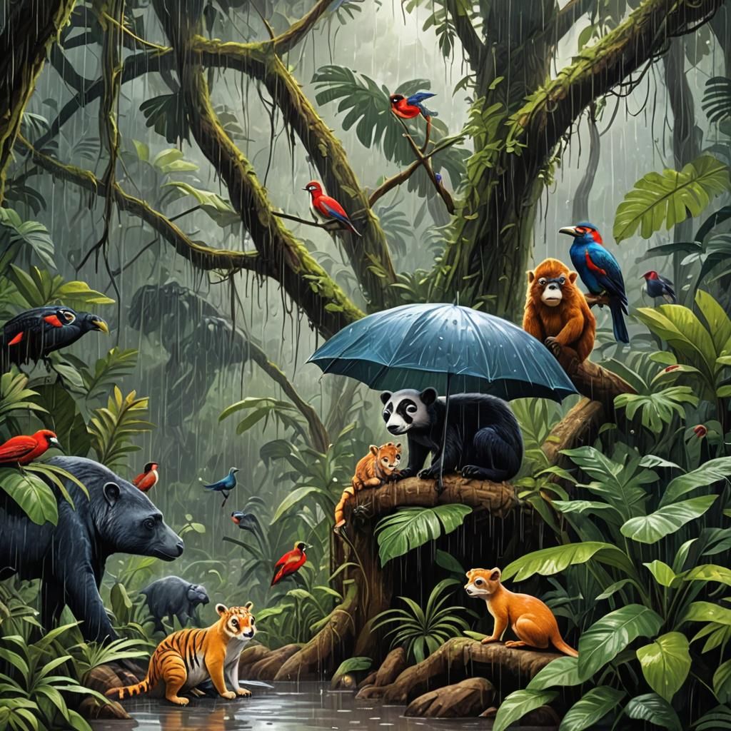 Rainforest Animals Sheltering During a Storm