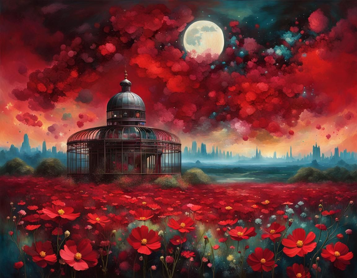 Crimson Cosmos Flower Fields: Vintage Oil Painting