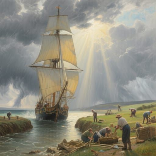 Sail Ship Awaits Storm: Bright Oil Painting