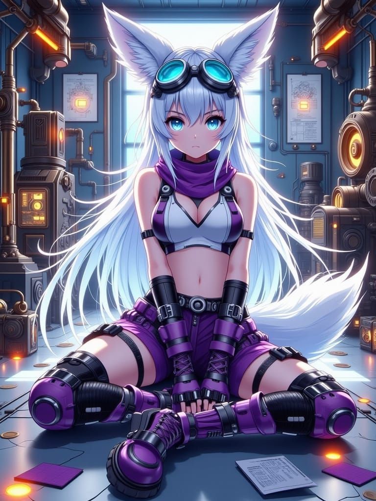 An anime-style illustration of a white-haired fox girl with long flowing hair, silver eyes, white fox ears, and a fluffy...