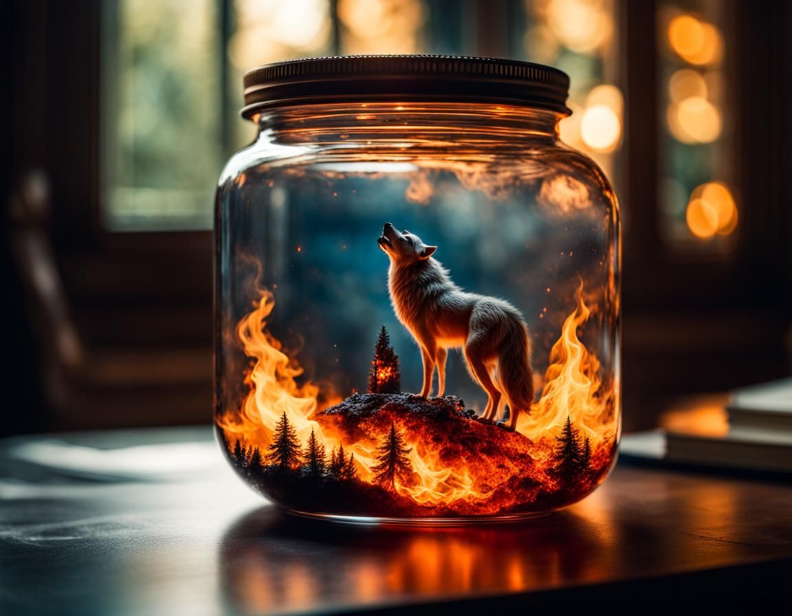 Fiery Wolf in Jar, Inspired by Surrealist Masters