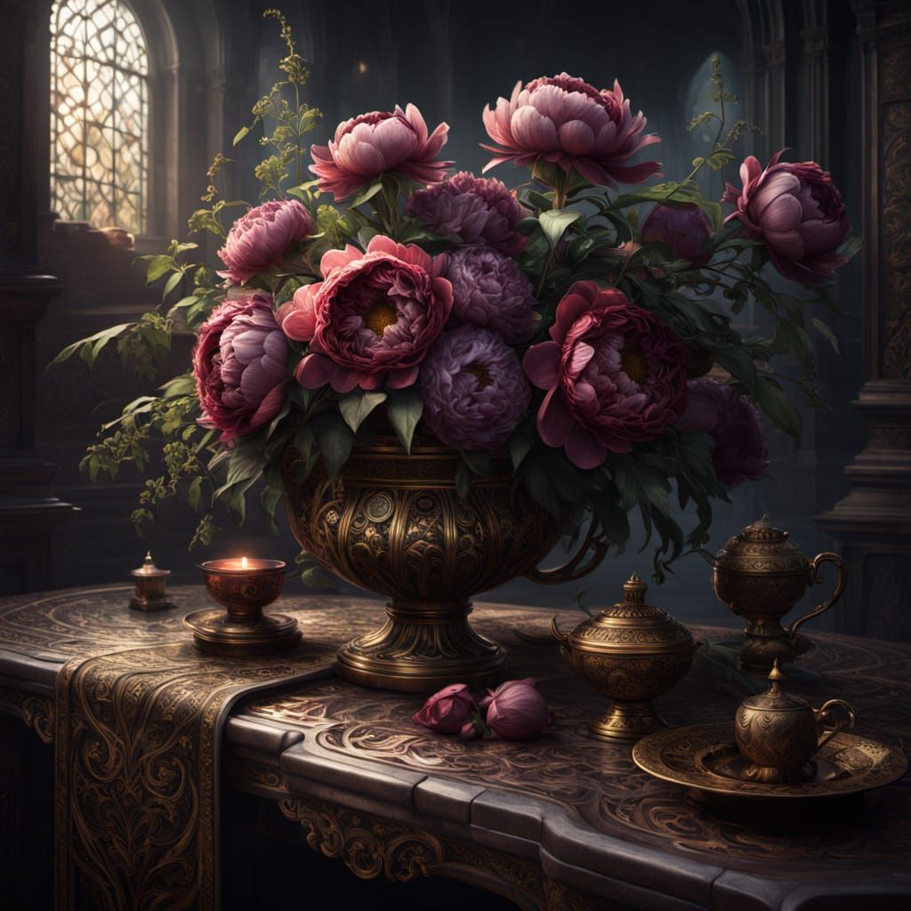 Dark Fantasy Floral Tapestry in Intricate, Ornate Style