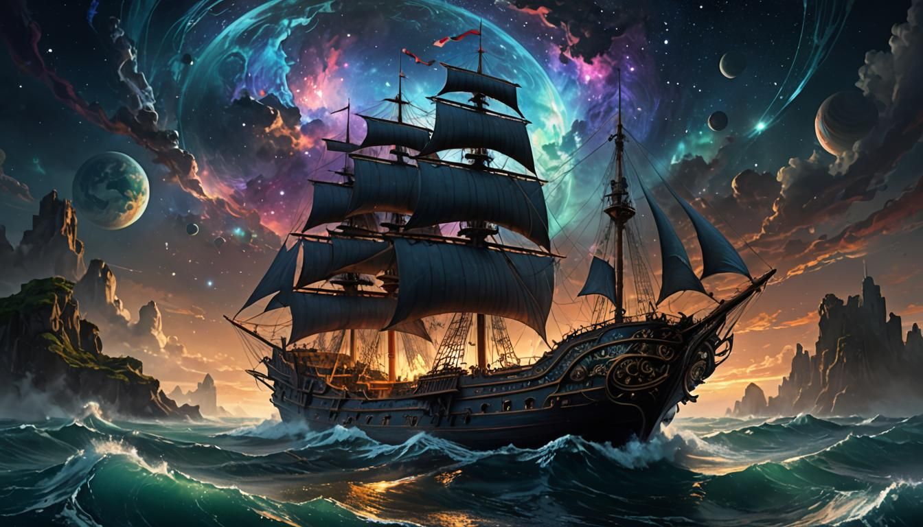 Ornate Ship Sailing a Cosmic Sea in Dark Fantasy Art