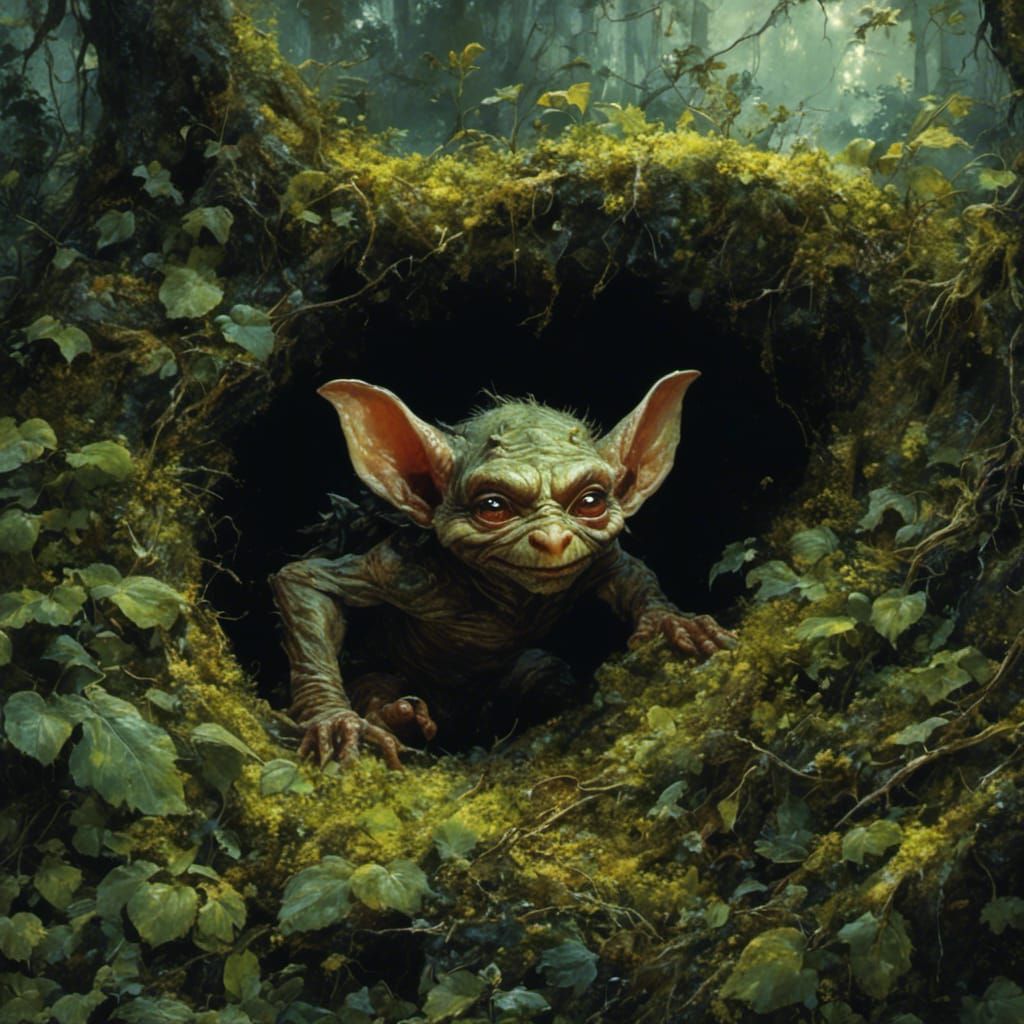 Goblin Emerges from Forest Hole in Dark Fantasy