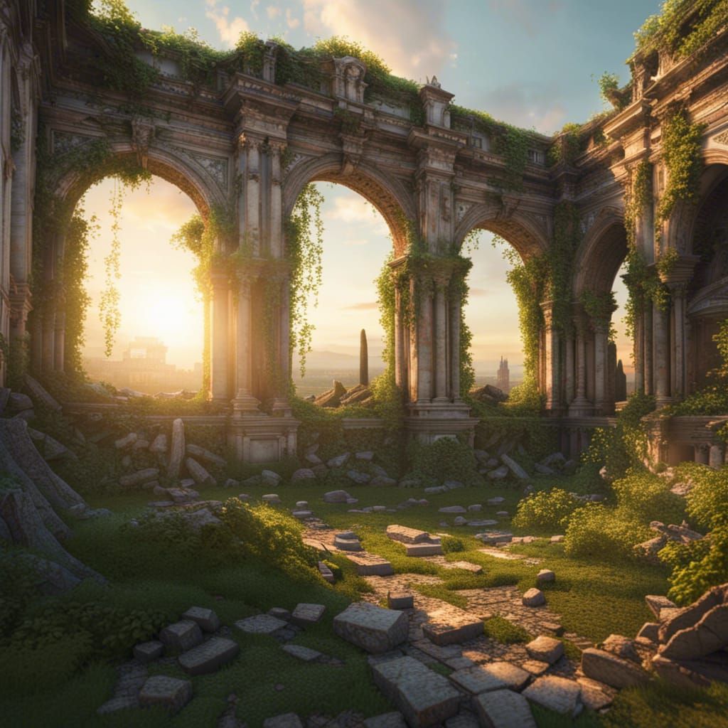Post-Apocalyptic Palace Ruins at Sunset