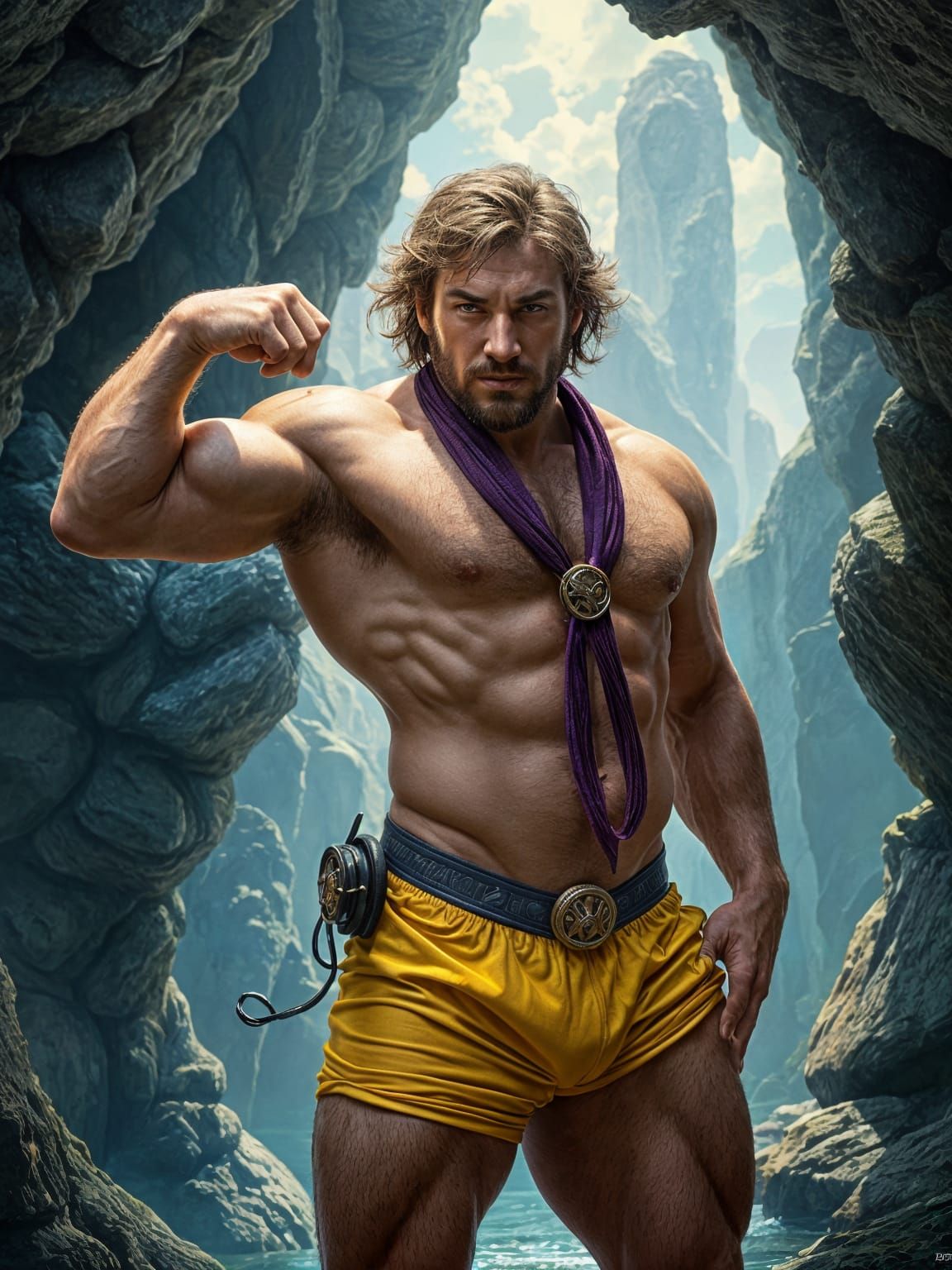 Heroic Hairy Warrior in Vibrant Yellow Speedo