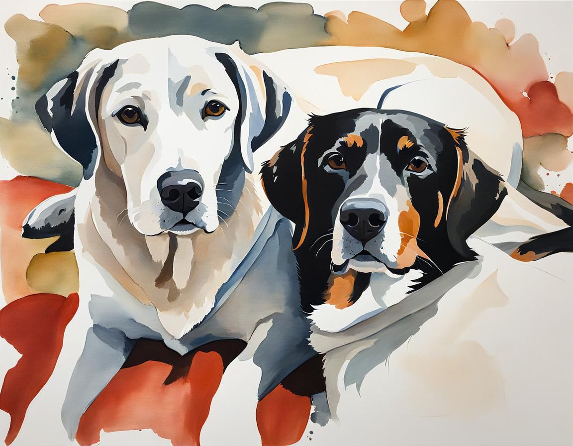 Contented Dogs Lying Together: Gouache Masterpiece