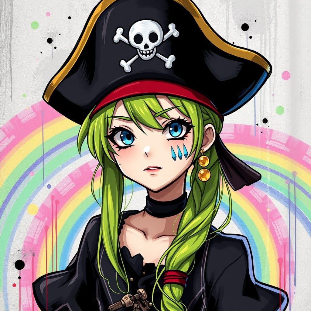 Lime-Haired Pirate Girl Surrounded by Rainbows in Graffiti A...