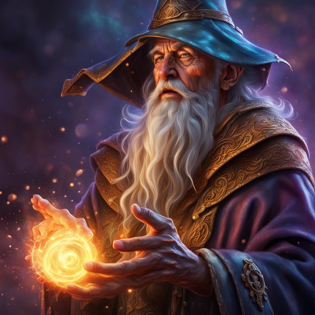 Detailed Old Wizard Spellcaster in Hyperrealistic Style