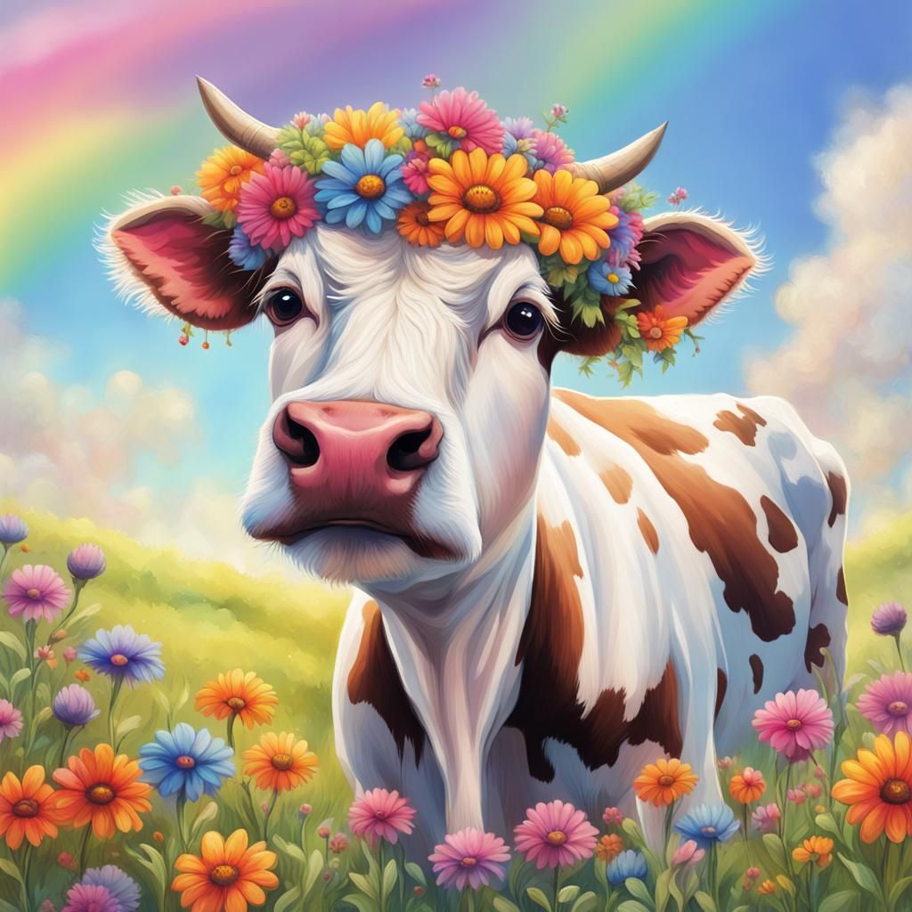 Rainbow Cow Grazing in Whimsical Meadow: Art Nouveau Style