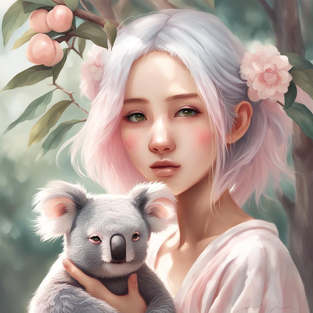 Oriental Girl and Koala in Pastel Digital Art