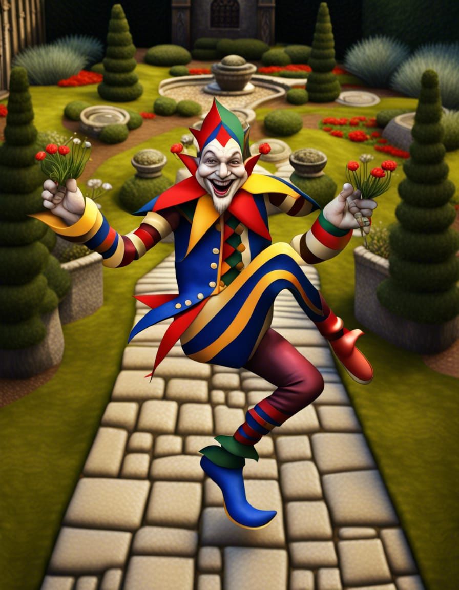 Medieval Courtyard Garden with Jester: Photorealistic