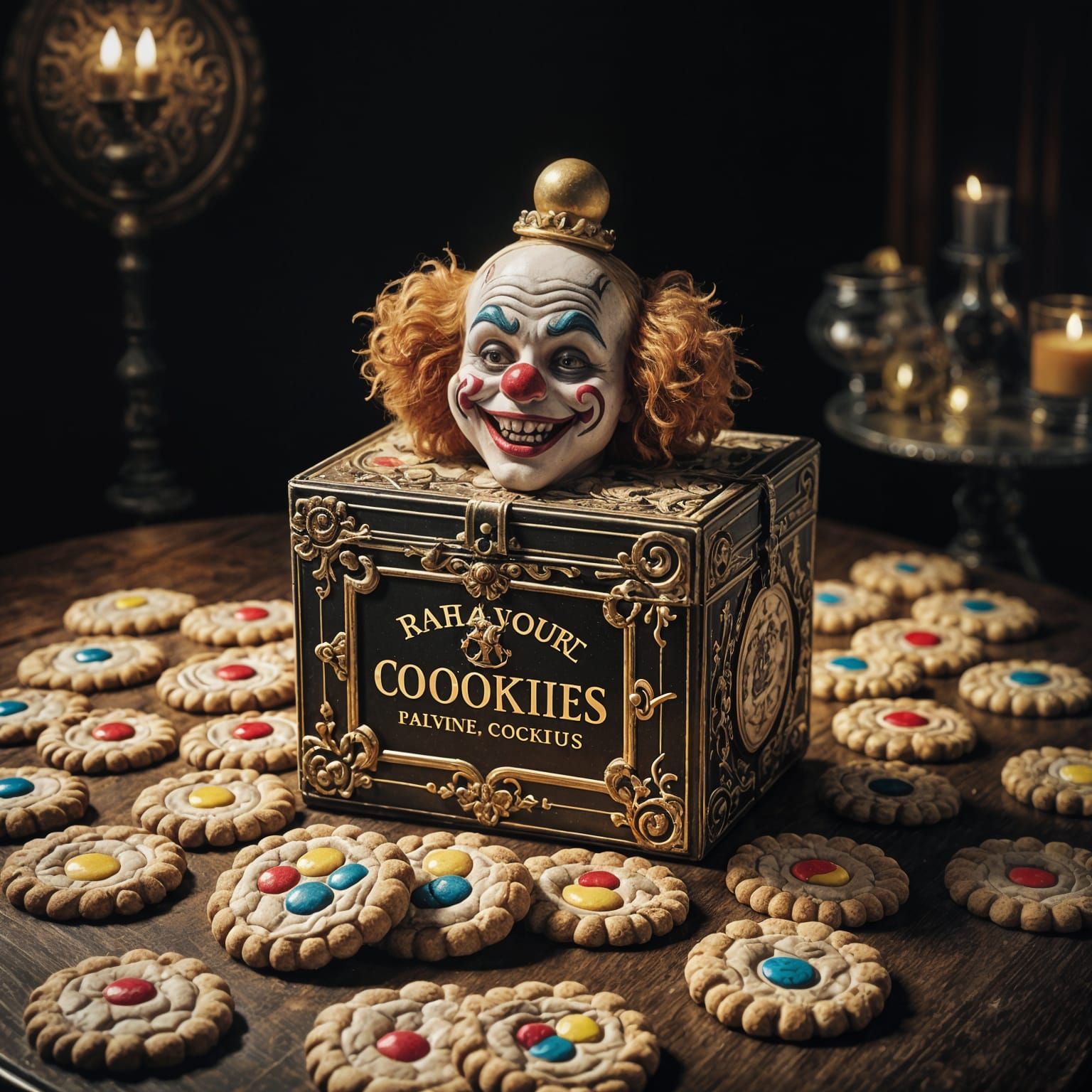 Baroque Clown with Cookies: A Cinematic Still