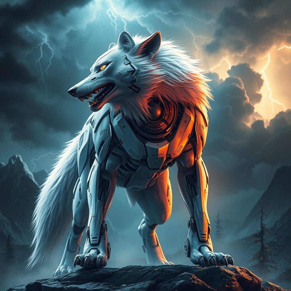 Cybernetic White Wolf in Thunderstorm Glory