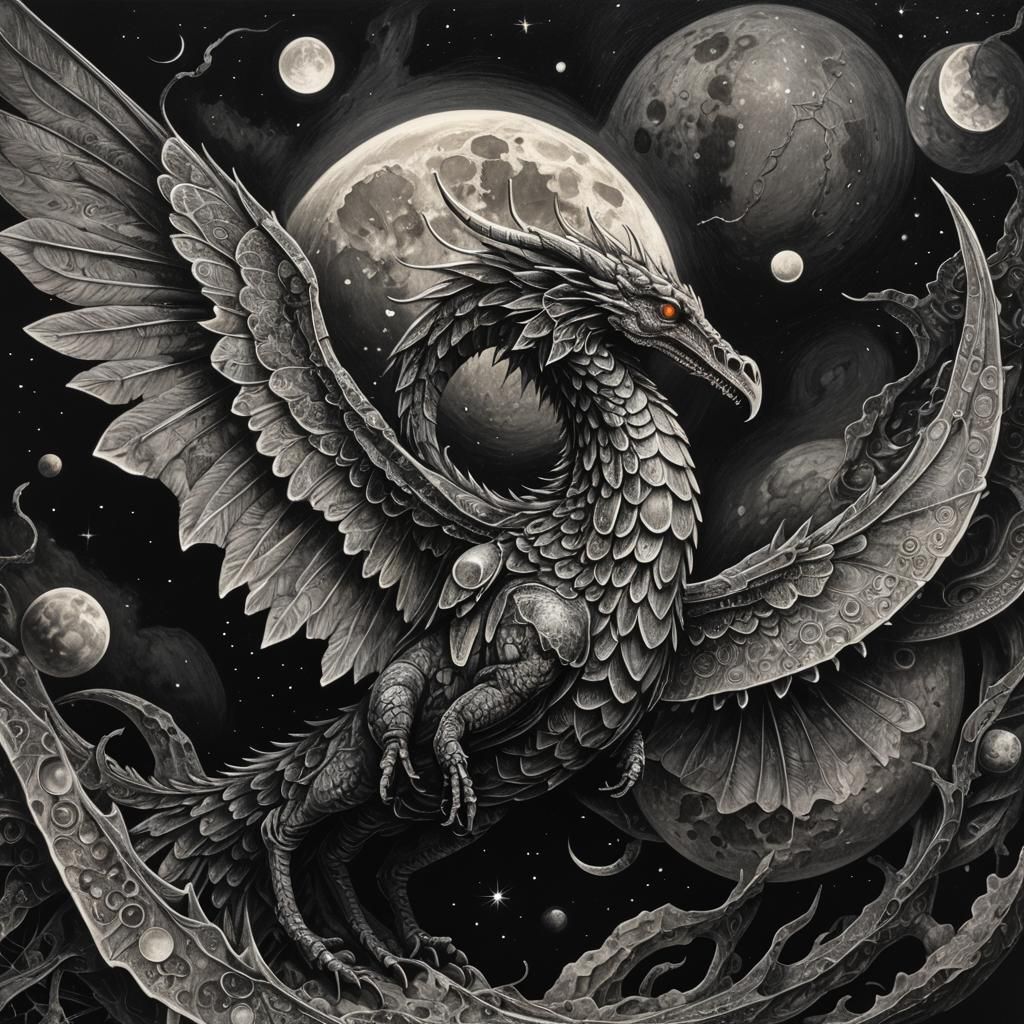 Winged Wurm Eating Moon in Charcoal Drawing